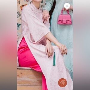 VIETNAMESE | Aó Dài Floral Light Pink Loose Shift Dress Hot Pink Pants Large NWT
